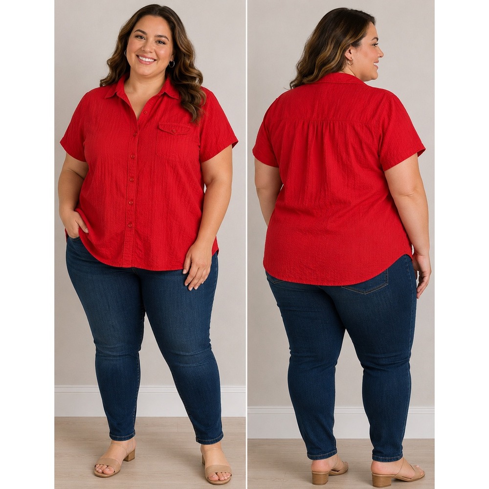 White Stag Woman Red Short Sleeve Button Down Shirt Plus 3X WSW288121